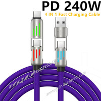 240W 4 in 1 Functional Super Fast Charge USB Type C Liquid Silicone  Aluminum Alloy Data Cable For iPhone Huawei Samsung Xiaomi