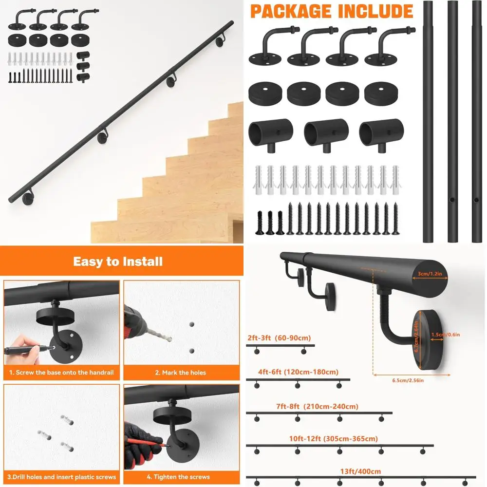 درابزين درج أنبوبي دائري معدني صناعي للخطوات الداخلية والخارجية، نظام درابزين دعم مثبت على الحائط، مناسب لـ 440 مم #1