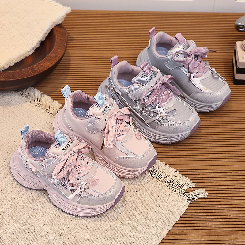 Kids'Casual Shoes PU Leather Sequin Pearl Fashion Autumn Flat Shoes For Children Anti-slip Breathable Purple Pink Size 26-37
