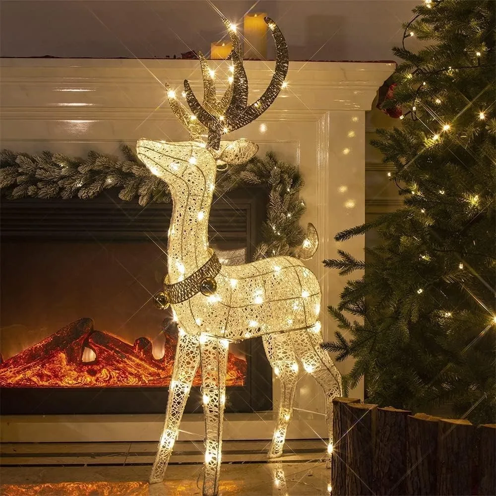 48” 70 LT Pre-Lit Christmas Glittering Reindeer with Gold Jingle Bell and Twinkle Light Outdoor Holiday Mesh Standing B