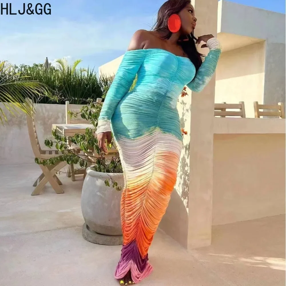 

HLJ&GG Fashion Tie Dye Gradient Off Shoulder Stacked Dresses Women Long Sleeve Bodycon Maxi Dress Casual Female Slim Vestidos