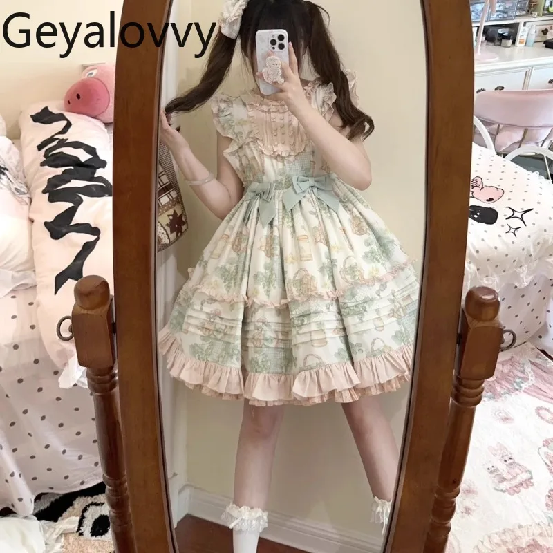 

Japanese Original Design Idyllic Lolita Flying Sleeve High Waist Dress Daily Summer New Sweet Girls Print Bow Sleeveless Dresses