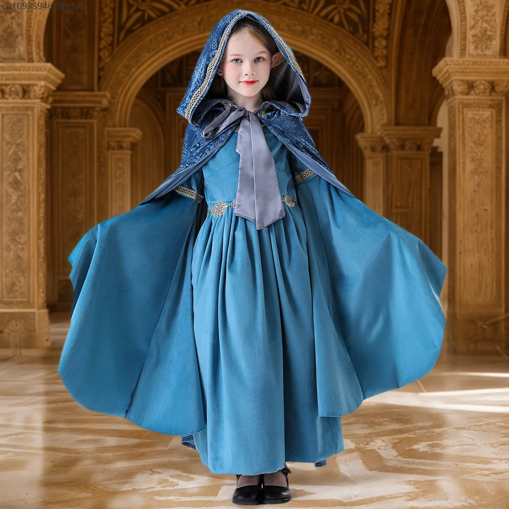 

Girl's Elf Princess Cosplay Hooded Cloak Children Medieval Renaissance Court Performance Outfit Carnival Stage Dress