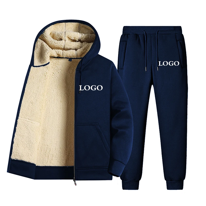 Men's Custom Logo Suits Print High Quality Zippered Sportswear Thicken Solid Color Men's Hoodie+Sweatpants 2-Piece