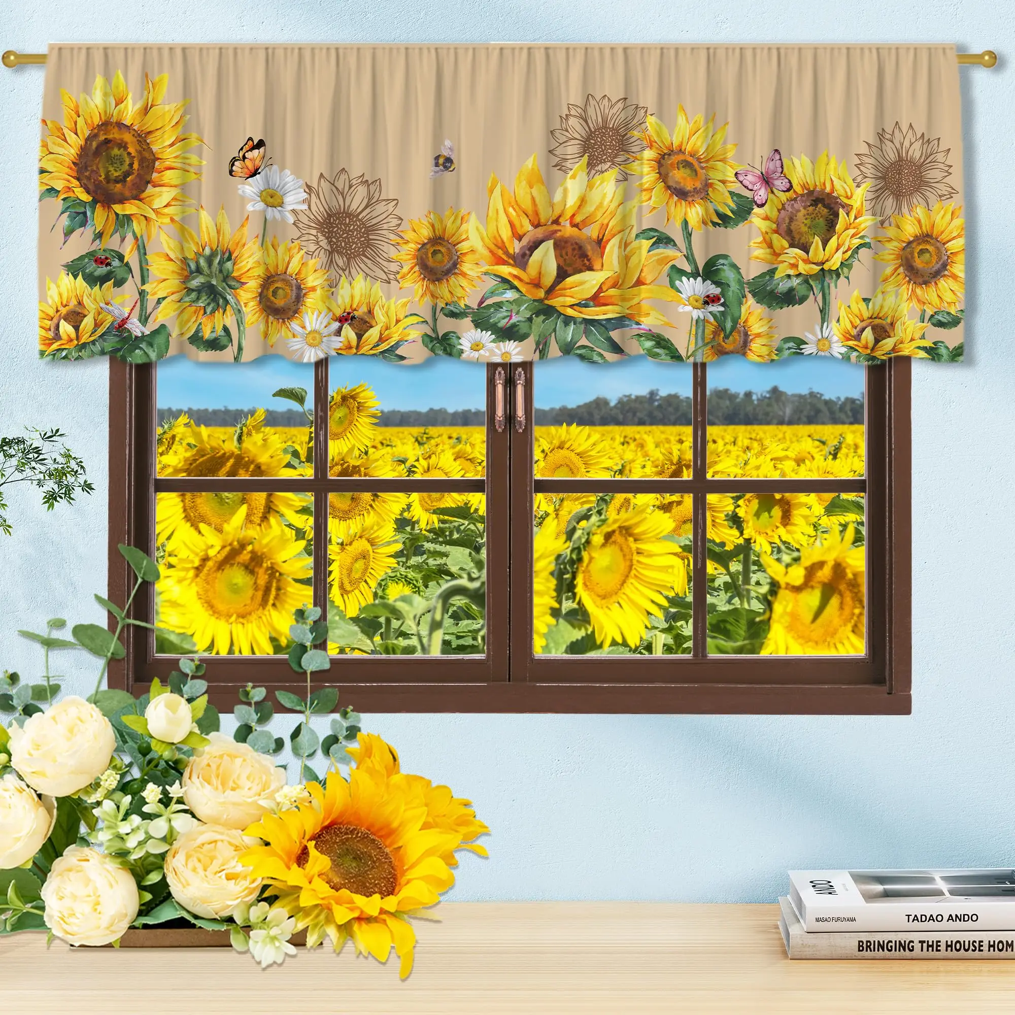 Valance Curtain for Kitchen-Sunflower Decorations Yellow Floral Window Valance for Living Room Bedroom Rod Pocket Valances