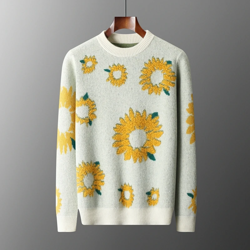 Autumn and winter new seven-pin round neck thick cashmere sweater men's sunflower jacquard sweater cover 100% Merino sweater bas