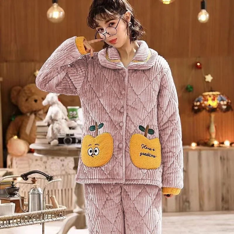 Women Coral Fleece Winter Pajamas Girls Thickened Velvet Cotton Loungewear Ladies Embroidered Three-layer Warm Sleepwear Suit