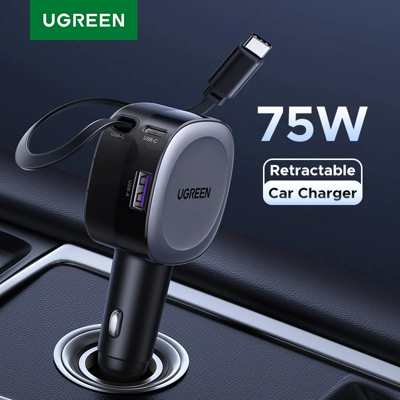 UGREEN 75W Car Charger 2 in 1 Retractable Cable SCP 25W QC PD 30W Fast Car Phone Charger For iPad iPhone 16 15 14 13 Pro Samsung