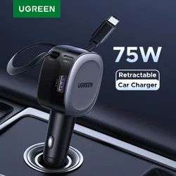 UGREEN 75W Car Charger 2 in 1 Retractable Cable SCP 25W QC PD 30W Fast Car Phone Charger For iPad iPhone 17 16 15 14 Pro Samsung