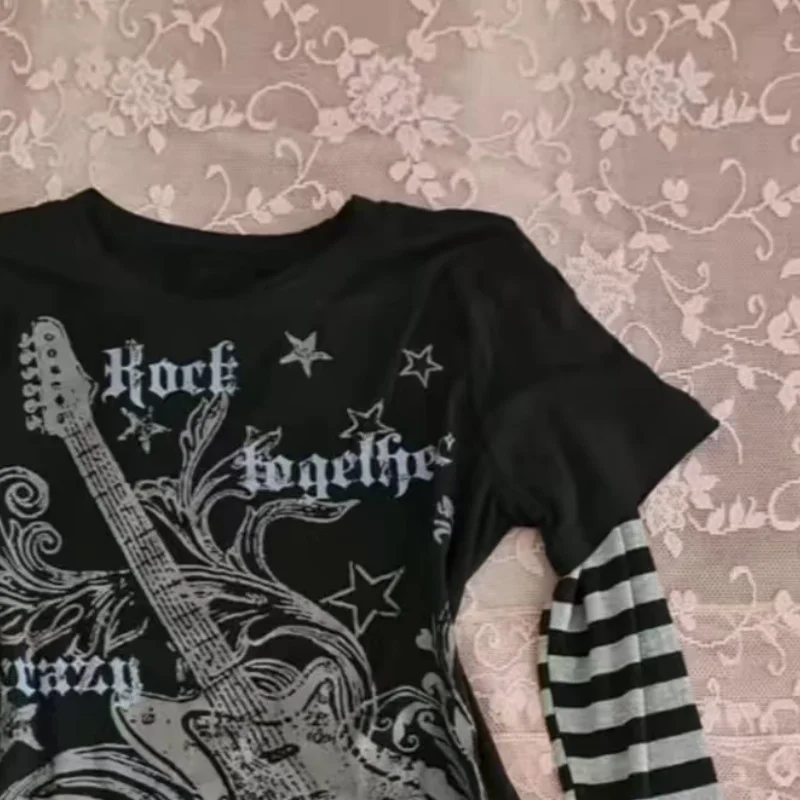 الأمريكية ثقافة فرعية الشرير تي شيرت مطبوع Harajuku مخطط المرقعة بلايز ريترو Y2K القوطية المحملة الهيب هوب هوتي وهمية قطعتين #6