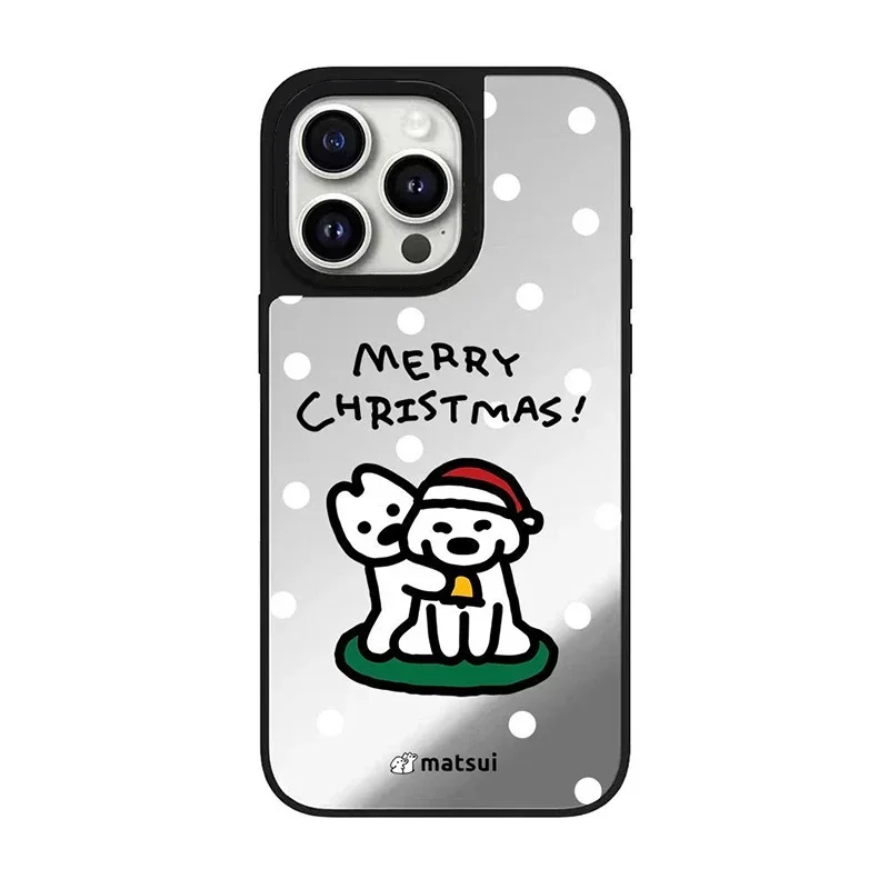 Christmas Puppy Black Silver Border Mirror iPhone 12 13 14 15 16 Pro Max Case - Protective iPhone Case with MagSafe