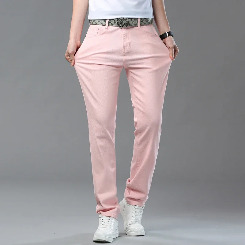 White Yellow Pink Red Fashion 5 Color Fashion Men's Stretch Jeans Slim Streetwear Korean Business Straight Casual Denim Trousers