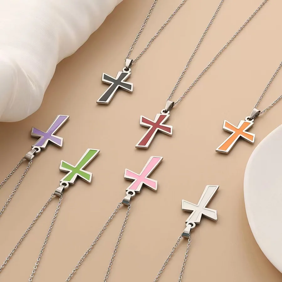 

New Necklace Irregular Handmade Drip Glue Pendant Titanium Steel Cross Necklace with High Grade Feeling Collar Chain