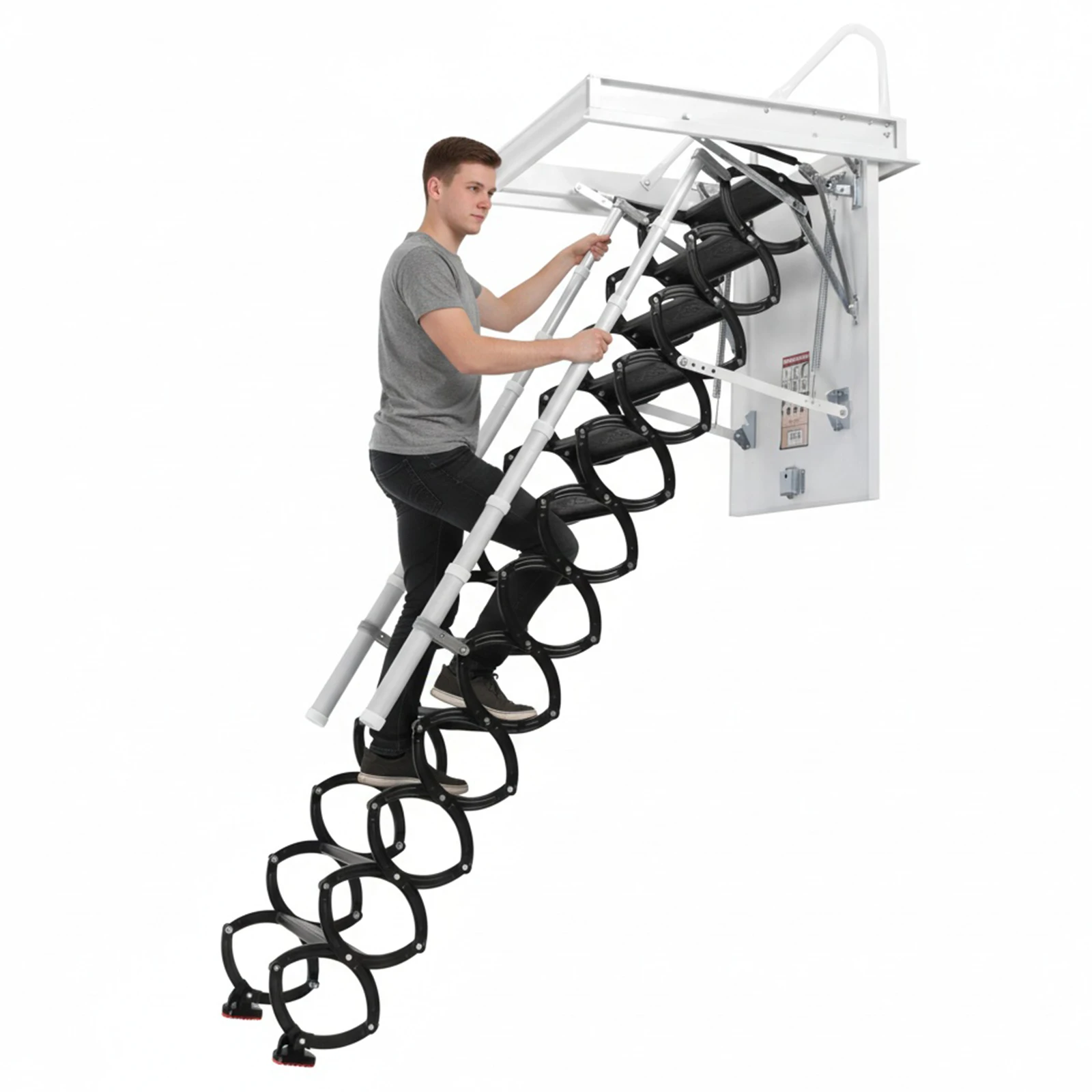 

12 Steps Ceiling Mounted Attic Ladder with Handrails Wall-Mounted Staircase 660LBS Capacity Height Adjustable for Rough Opening