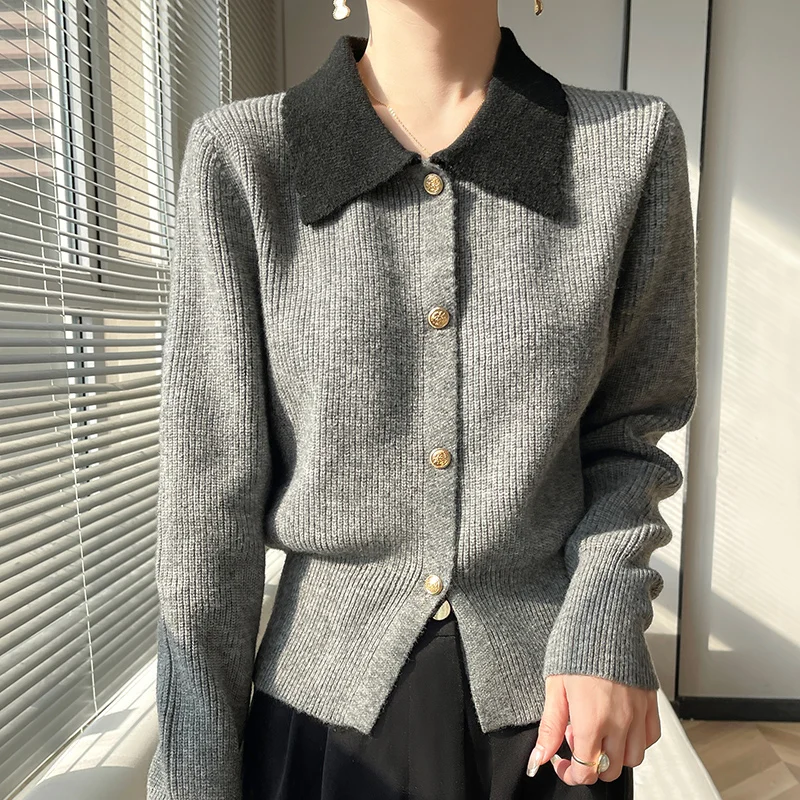 Autumn Winter Women Wool Blend Sweater Slim Polo Collar Cardigan Female Casual Knitted Splicing Bottoming Coat Comfortable  Tops