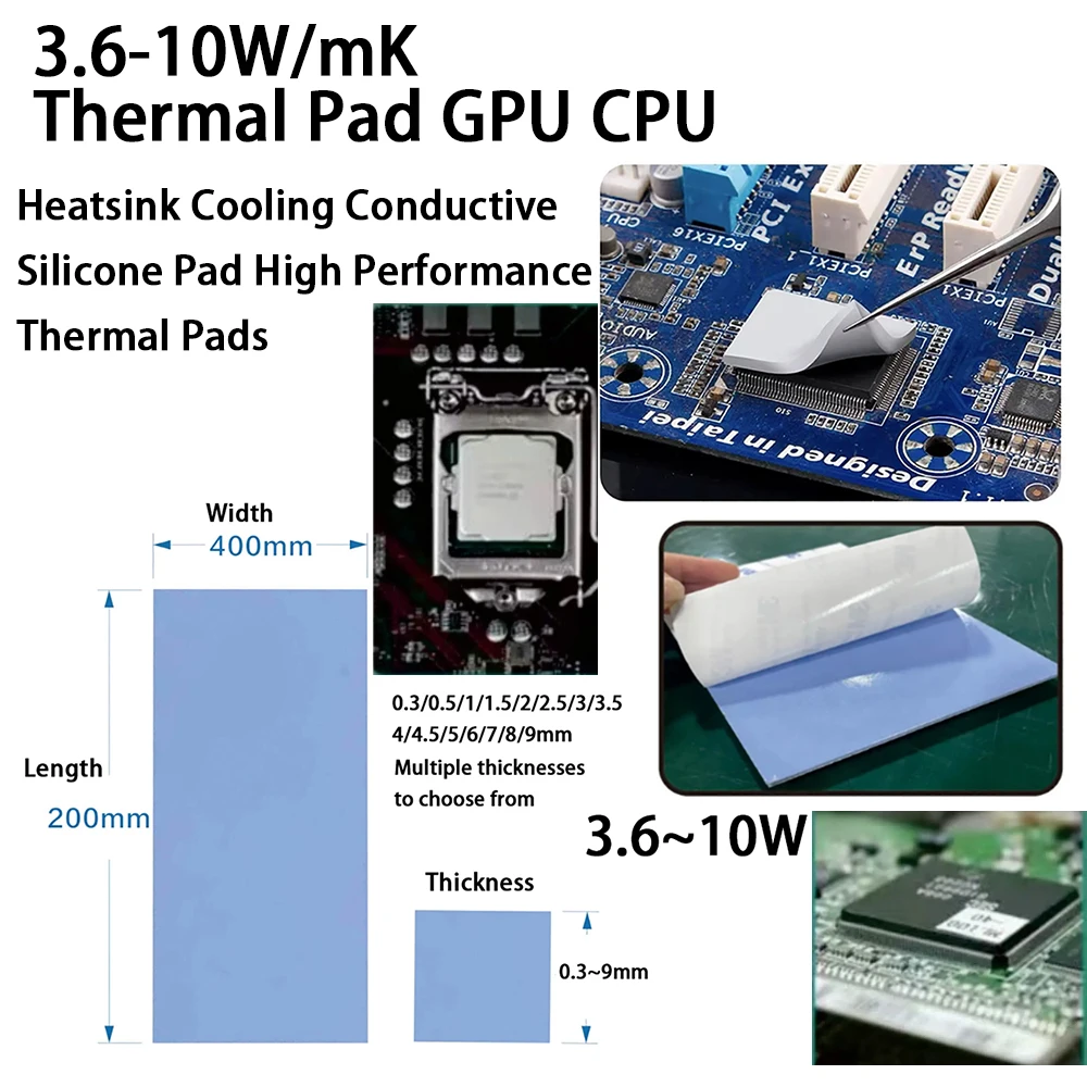 3.6-10W/mK Thermal Pad GPU CPU Heatsink Cooling Conductive Silicone Pad High Performance Thermal Pads 200x400mm Thickness0.3-6mm