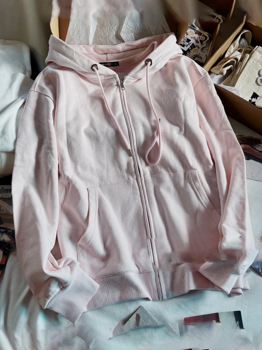 Rosa süßer übergroßer Kapuzenpullover, Herbst, langärmelig, mit Kapuze, Reißverschluss, Baumwoll-Sweatshirt, lässig, einfach, Adrette, niedliche Hoodies, Top für Damen