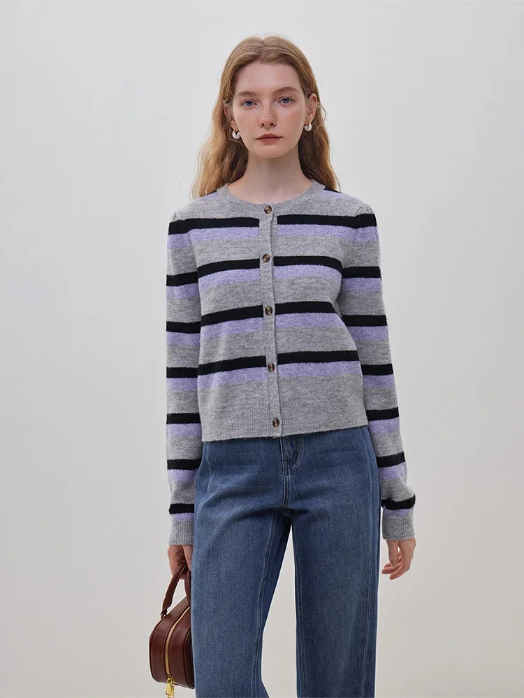 FSLE Contrasting Color Striped Round Neck Sweater Jacket Female Winter 2023 New 20.3% Wool Knitted Cardigan Sweaters for Women