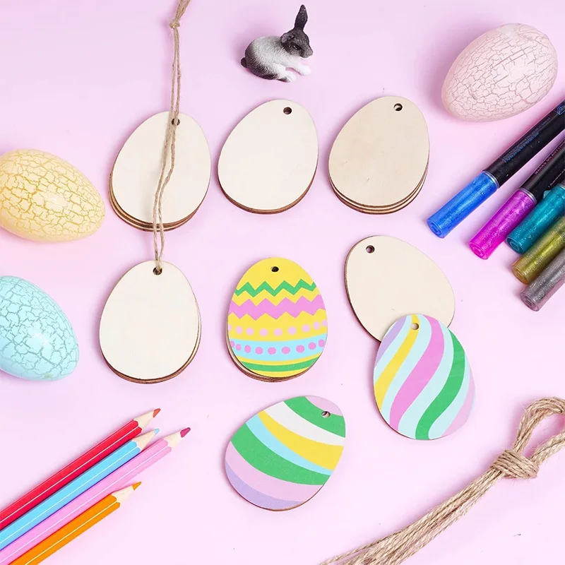 50pcs Unfinished Easter Wooden Eggs With Ropes Blank Pendant Bunny Egg Wood Chips DIY Painted Craft Easter Party Decor Kid Favor