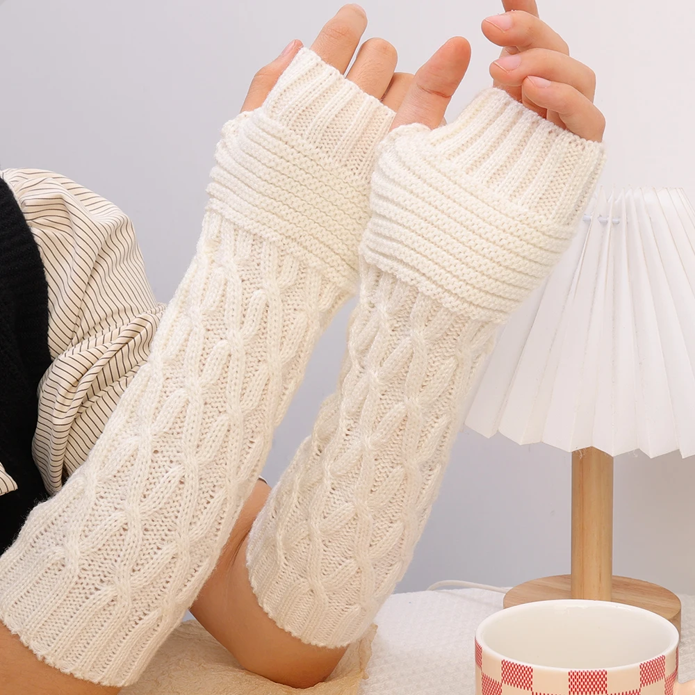 Women's Knitted Long Hand Gloves Warm Embroidered Winter Gloves Fingerless Gloves For Women Girl Guantes Invierno Mujer Luvas