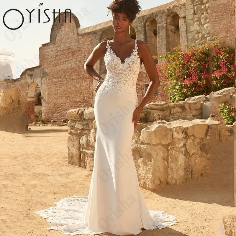 Oyisha Boho Lace Appliques abito da sposa senza maniche con scollo a v abito da sposa a sirena per donna senza spalline Robe Mariée Custom Made Boho Lace Appliques Bride Gown senza maniche con scollo a V Abito da sposa