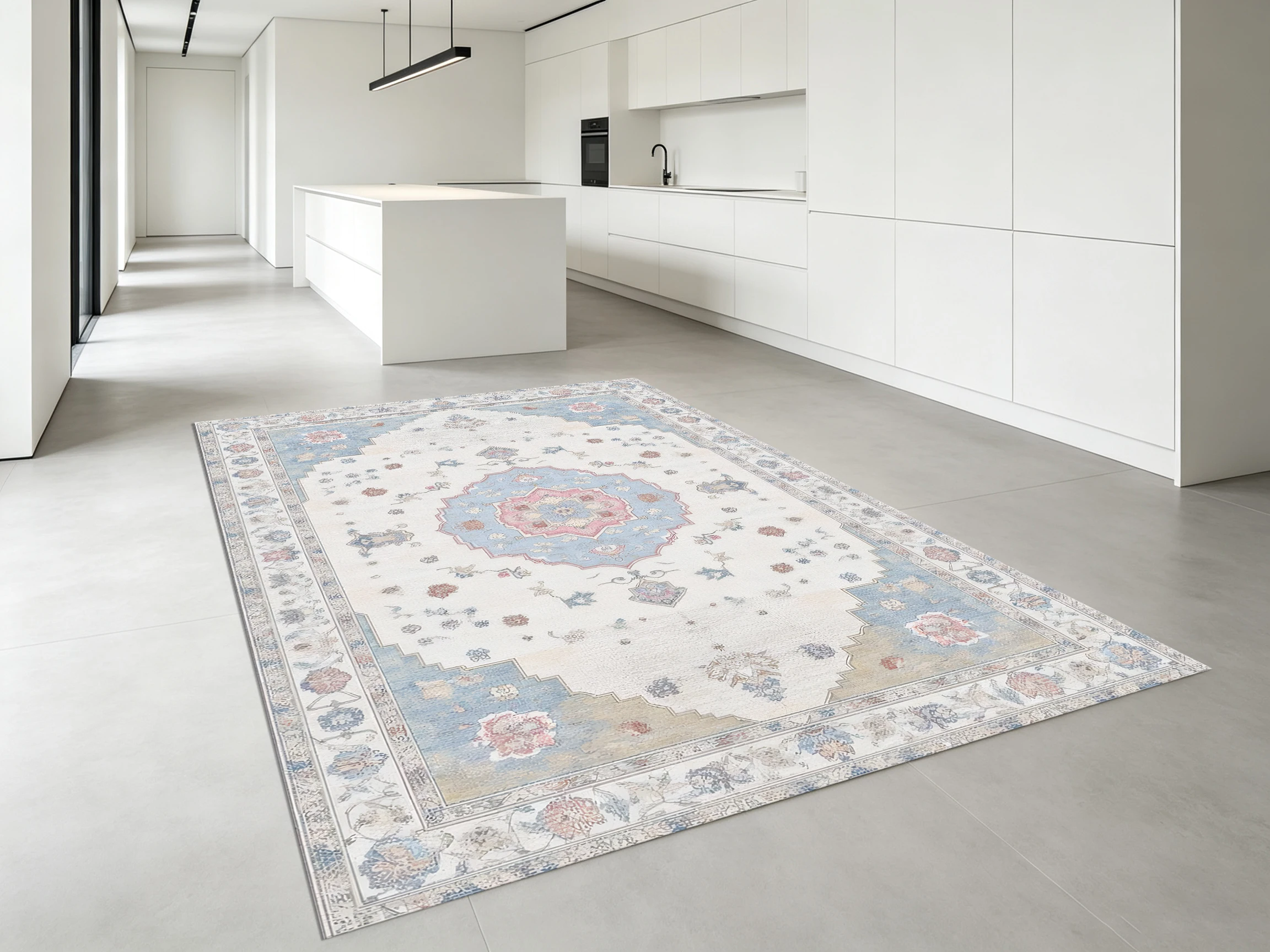 Retro Persian Diamond Pattern 2D Rug, Beige & Blue European Retro Style, Soft & Skin-Friendly, for Living Room & Bedroom