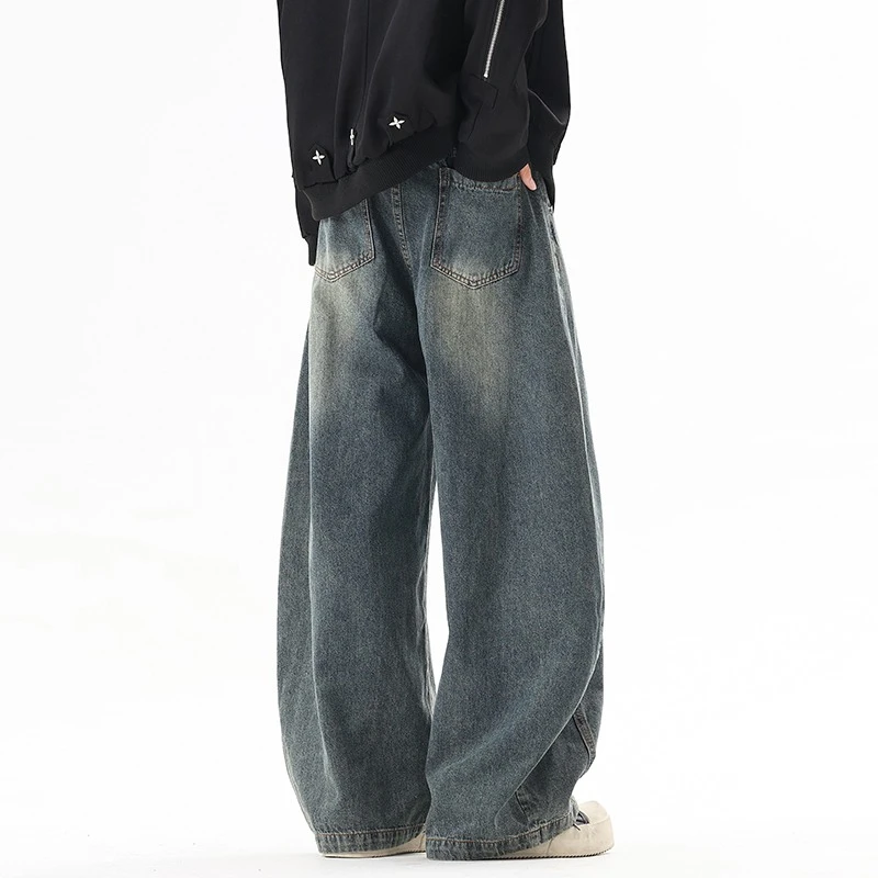 

2025 Autumn Winter Vintage American Style Patchwork Wide-Leg Scimitar Jeans Washed Distressed High Street Casual Men's Pants
