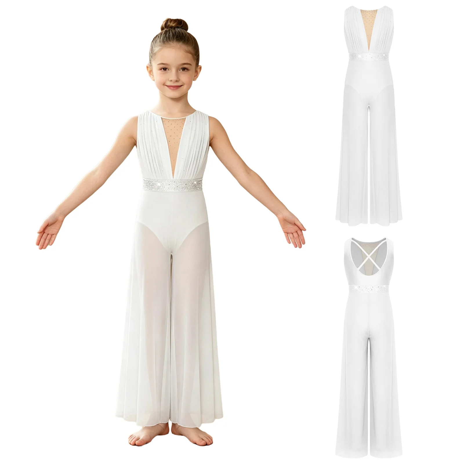 Kids Girls Modern Lyrical Dance Stage Performance Jumpsuit Sheer Mesh Wide-Leg Bodysuit for Skating Gymnastics Ballet Acrobatics