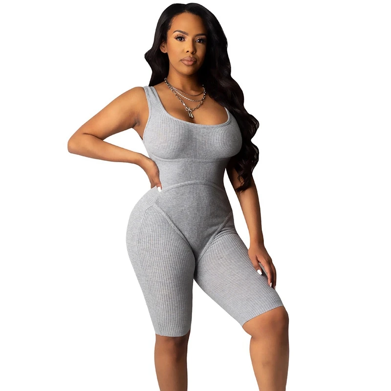 

Grey Knit Ribbed Bodycon Jumpsuit Women 2022 Skinny Bodysuit Sporty Fitness Biker Jumpsuit Summer Rompers Womens Jumpsuit Shorts