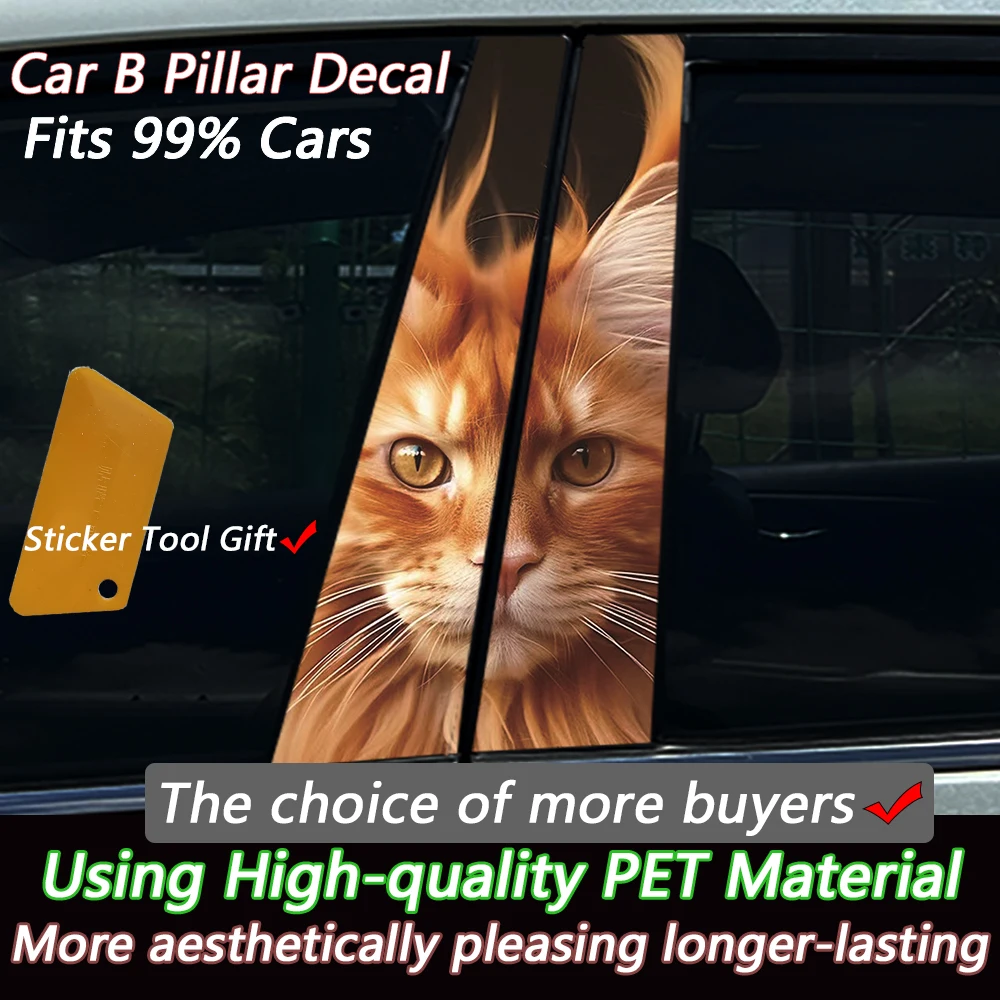 2PCS 3D Orange Maine Coon Cat Car B Pillar Sticker, Waterproof UV-Resistant Auto Decal, Universal Scratch Cover