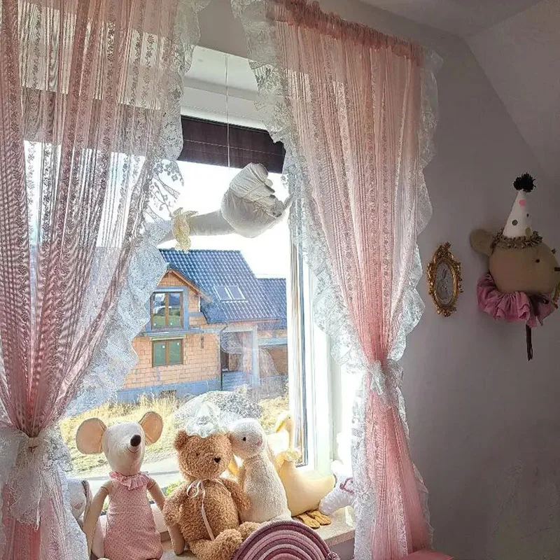 Korean Romantic Pink Striped Flower Lace Sheer Curtain with White Ruffled Lace Rod Pocket For Living Room Bedroom Kitchen