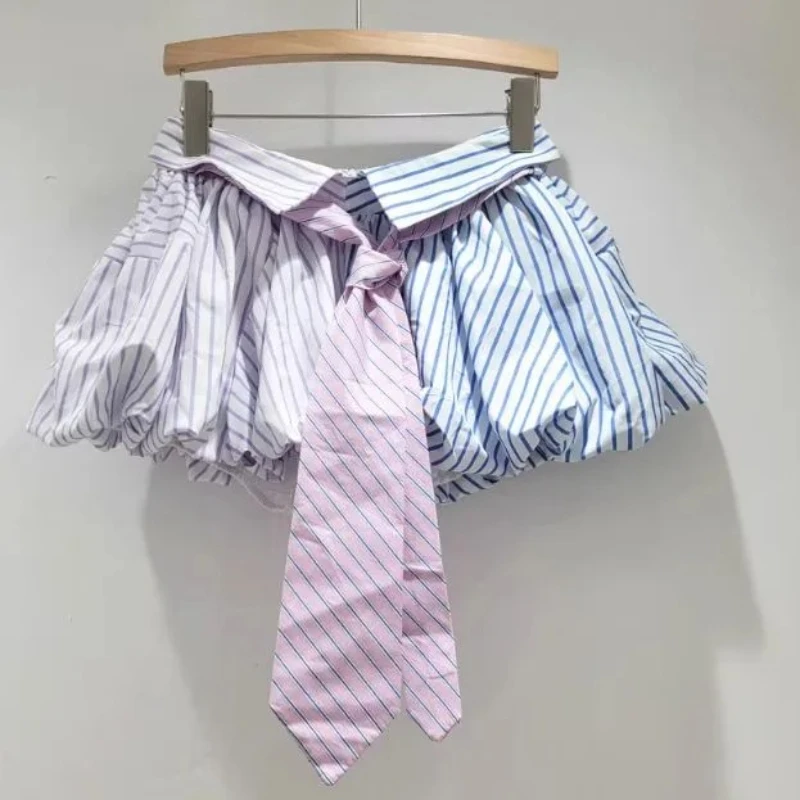 Y2K Słodka Uliczna Spódniczka Mini w Paski Damska Estetyczna Patchworkowa Spódniczka w Paski z Wysokim Stanem, Dopasowana, Krótka Spódniczka z Wiązaniem na Lato