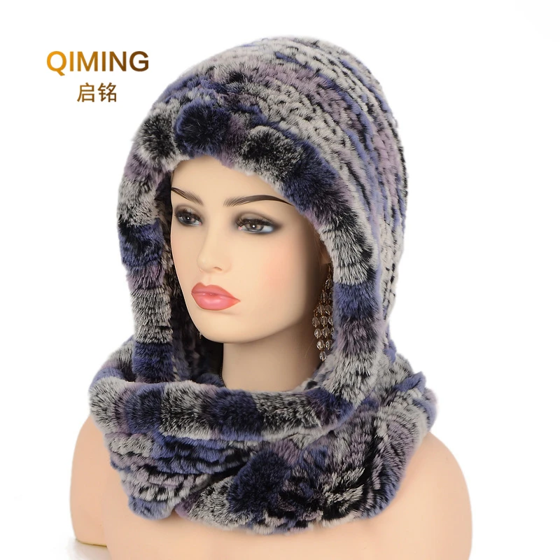 Hat Women New Knitted Real Rex Rabbit Fur Hat Hooded Scarf Winter hats for Woman Cap Warm Natural Fur Hat With Neck Scarves