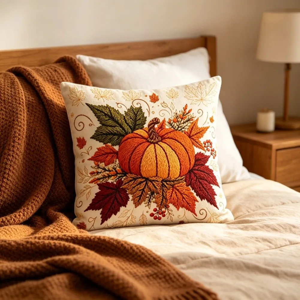 Modern Minimalist Pumpkin Leaf Pillow Cover 45x45cm Orange Polyester Case For Autumn Thanksgiving Harvest Festival Living Room D