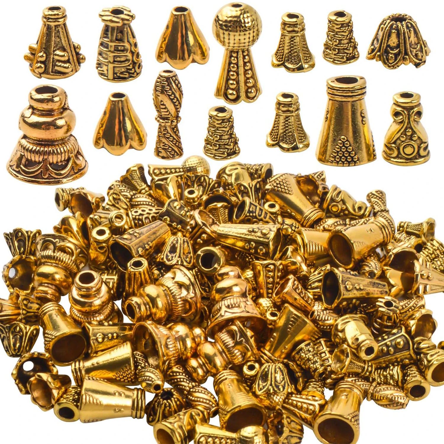 

100 Gram (About 110-150pcs) Antique Gold Cone Bead Caps Flower End Caps Tassel End Cap for Jewelry Making Crafts DIY