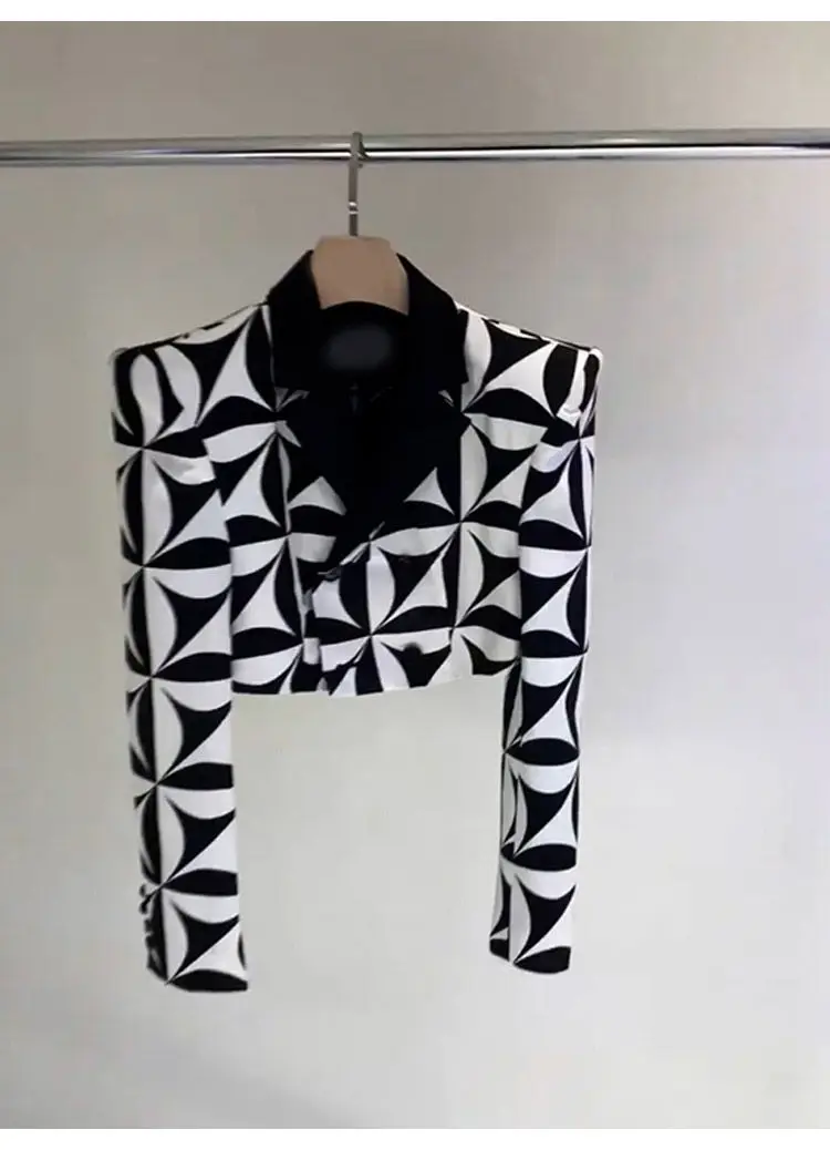 European Runway Black White Print Short Blazers Women Coats Spring Autumn Woman Work Office Ladies Blazers Outwears Tops NZ12