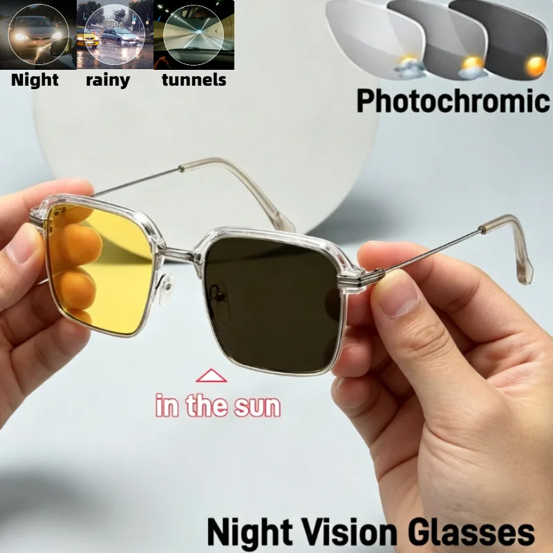 

Photochromic Night Vision Glasses for Men Retro Square Clear Frame Yellow Lens Transition Glasses for Driving UV400 Protection