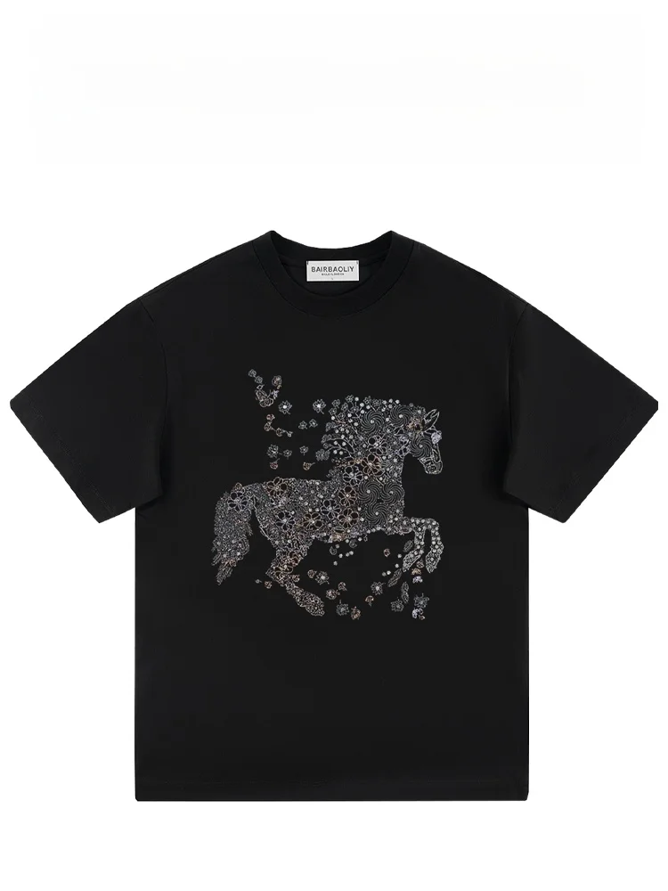 

Мужская футболка BAIRBAOLIY класса люкс с тяжелыми стразами, короткий рукав, повседневная, высококачественная, из смесового хлопка и полиэстера, летняя.