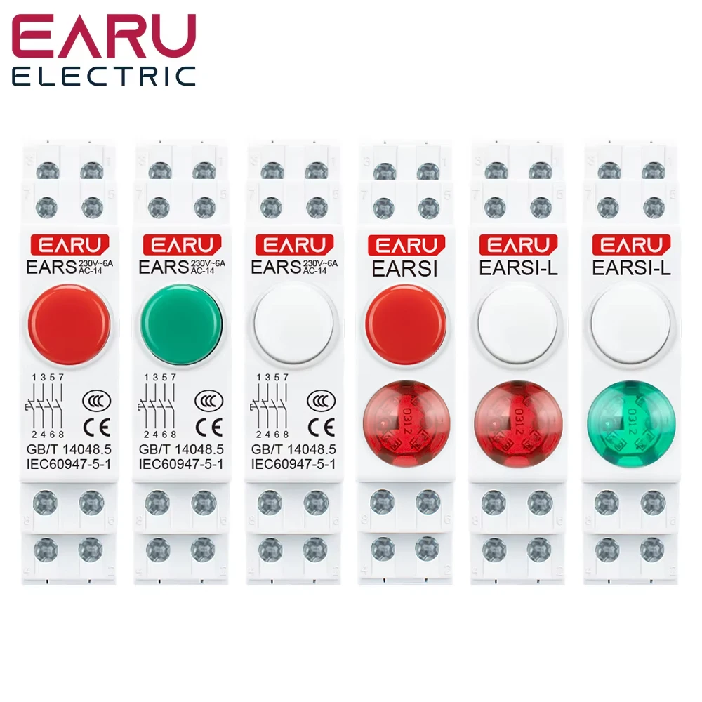 18MM Din Rail Mount LED Signal Lamp Button Switch Series AC/DC 220V Indicating Indication Pilot Lights Green Momentary Latching