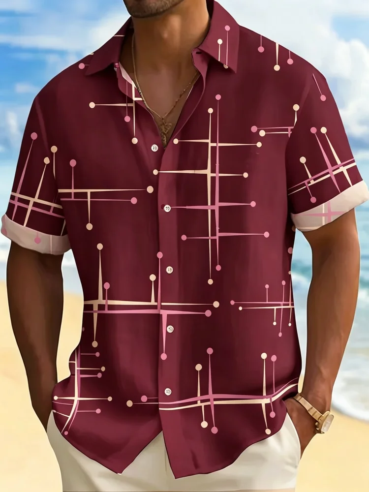 Men's summer geometric polka dot line short sleeved shirt with abstract plaid full print, lapel button, beach vacation shirt