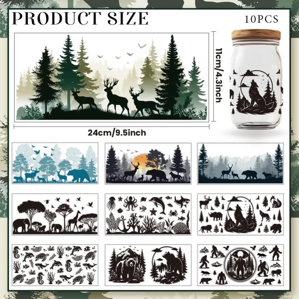 10 Sheets Animal UV DTF Cup Wraps Black Forest Style Rub on Transfer Decals Wolf Deer Bear Transfers Rub on Decals