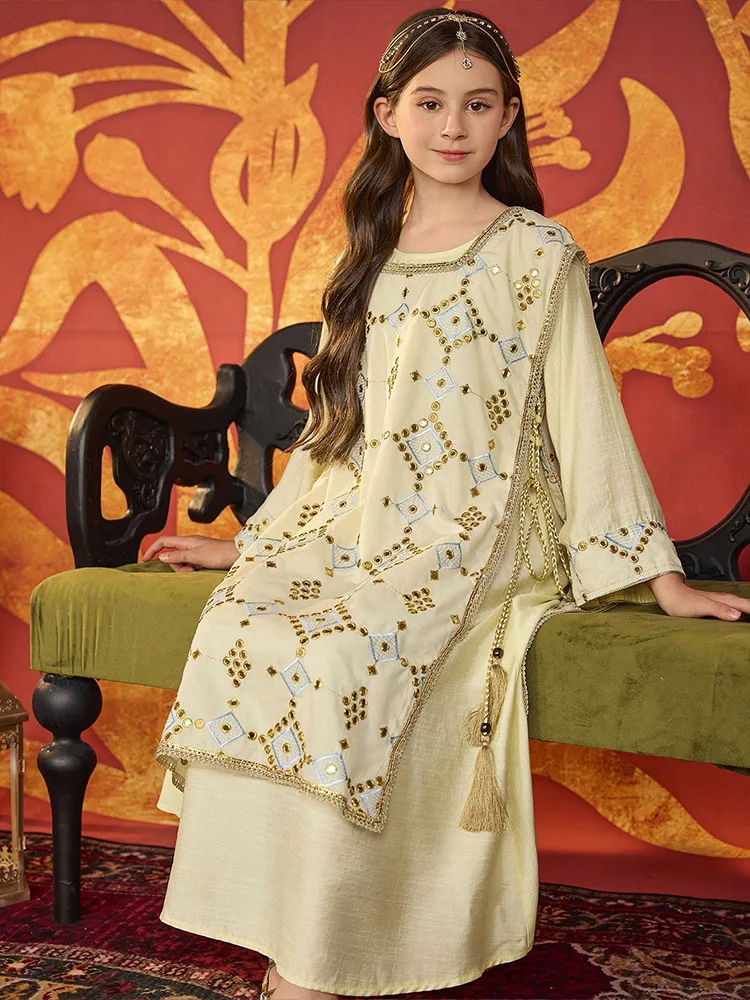 

Мусульманские дети для девочек с вышивкой Абая Марокко Кафтан Исламская детская одежда Рамадан Свободный Джалабия Арабский халат Кафтан Платье Повседневное