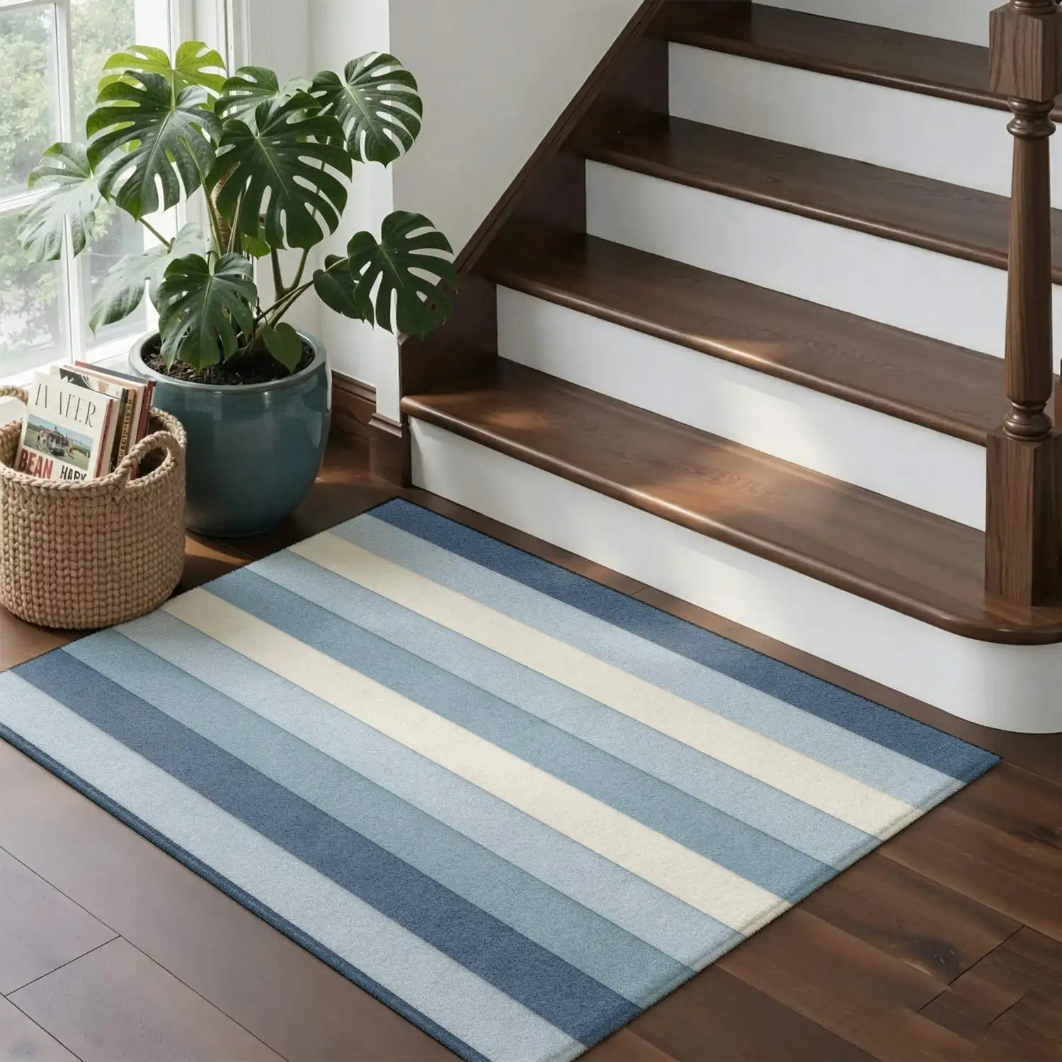 1Pc 2D Printed Nordic/Instagram-Style Geometric Striped Carpet, Blue & White, Home Decor, Multi-Size, Machine Washable, for Entrance, Dining, Foyer, Living Room, Bedroom