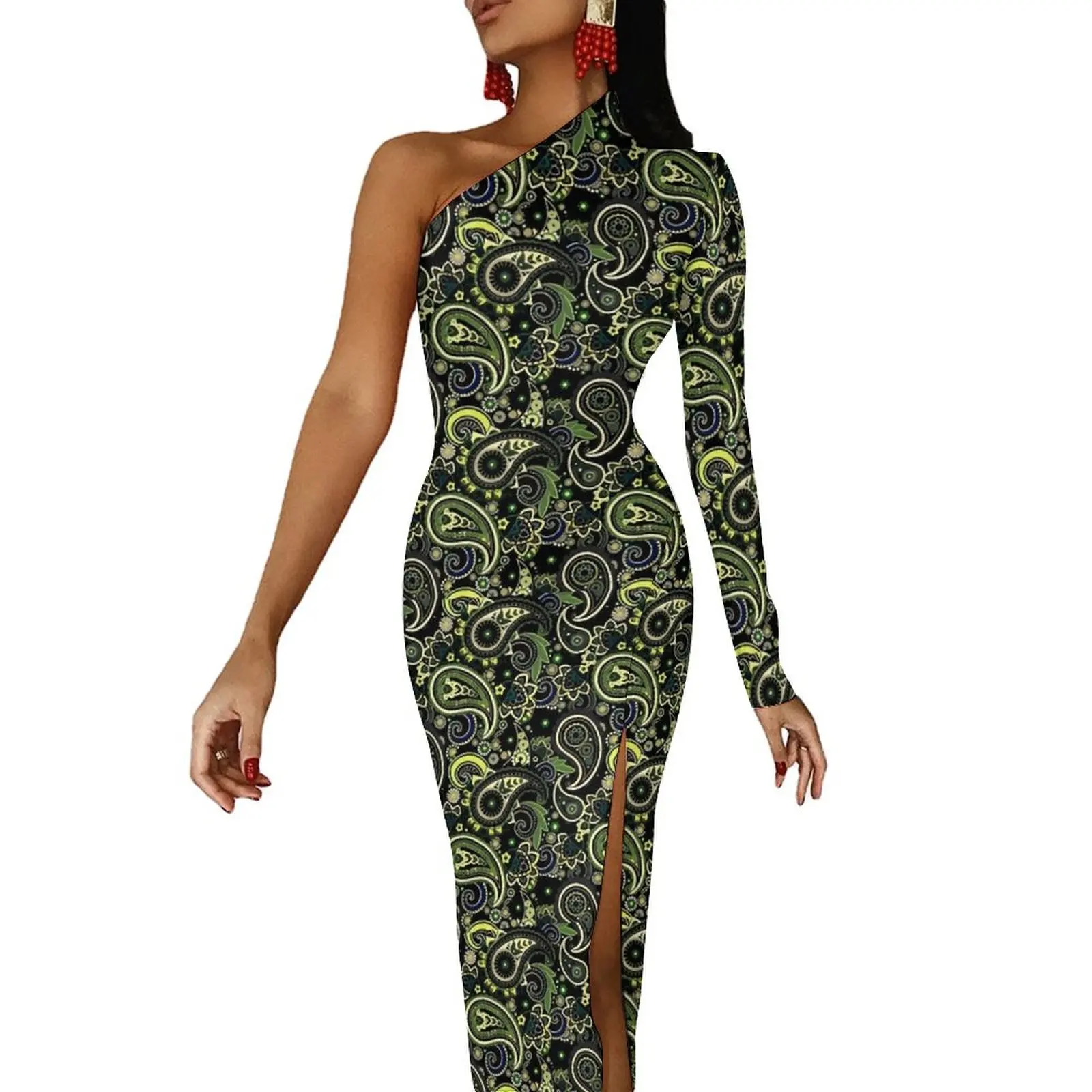 

Retro Paisley Long Dress Women Floral Print Streetwear Maxi Dress Autumn Sexy Bodycon Dresses High Slit Design Vestido