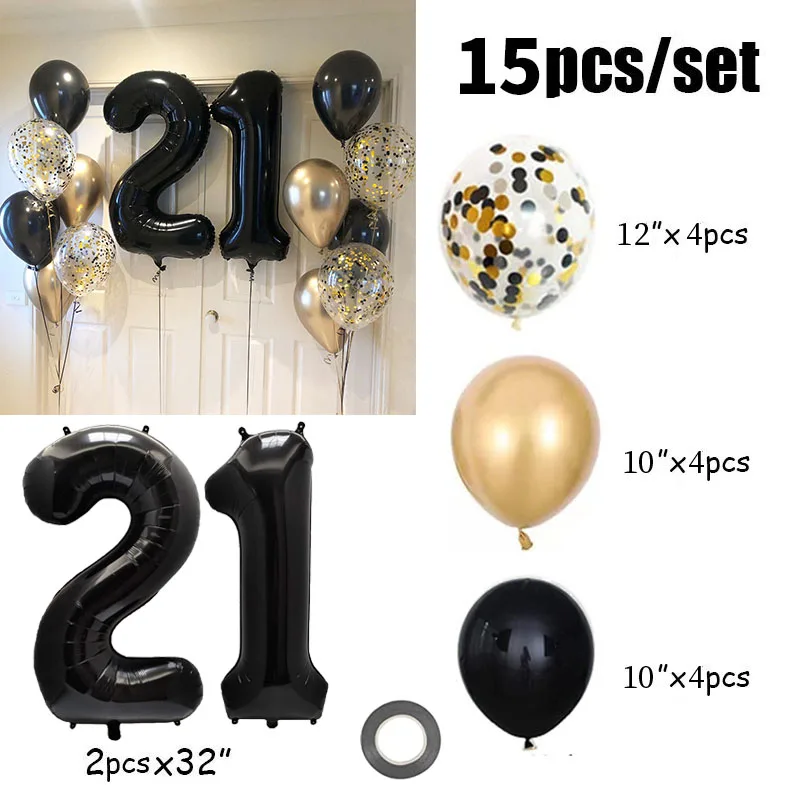 15pcs Black 32inch Number Foil Balloons 21st 12th Birthday Party Decorations Kids Adult 21 12 Year Old Anniversary Supplies