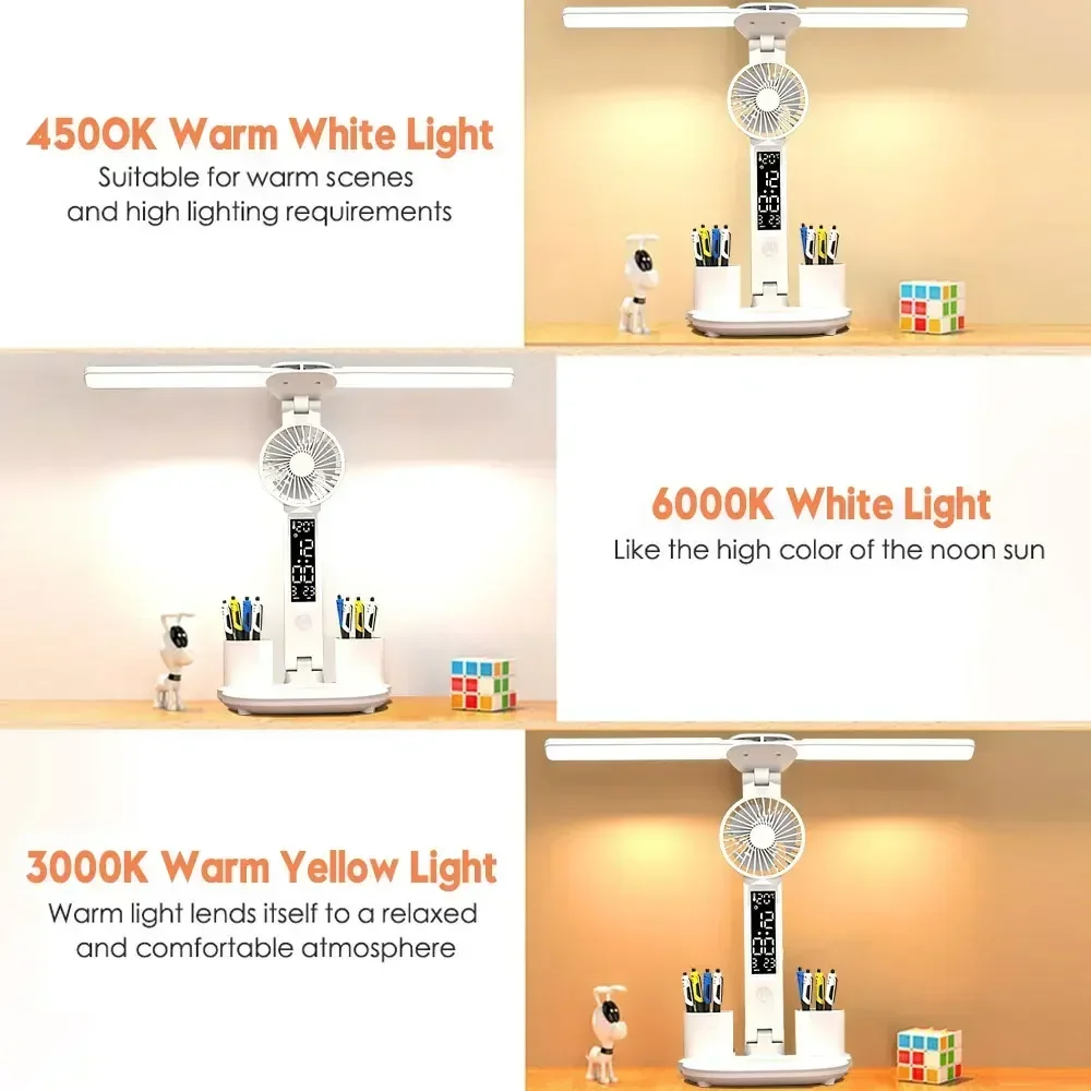 Table Lamp with Fan for Student Studying LED Desk Lamp with Pen Holder Multifunctional Touch Night Light Rechargeable