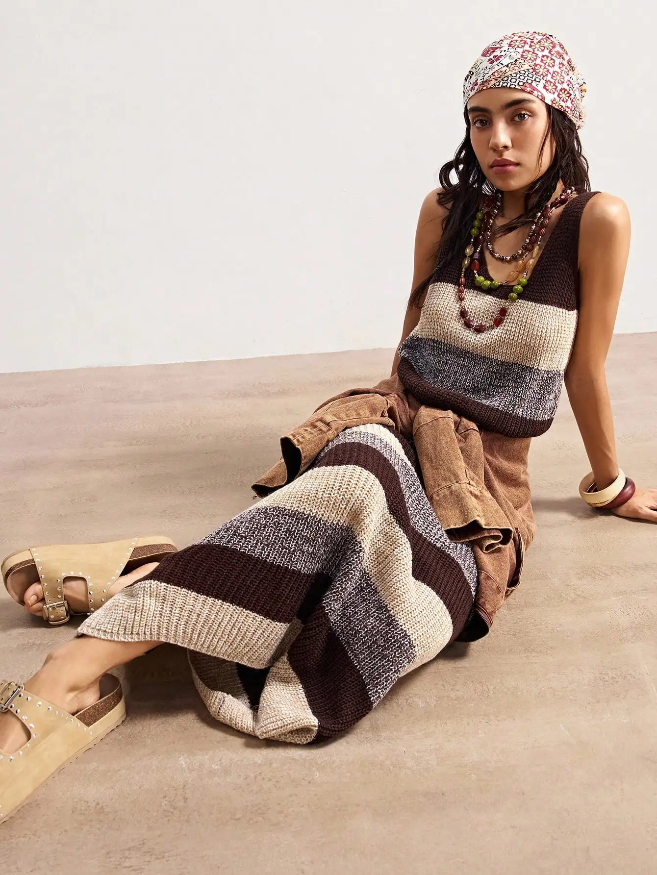 

Вязаное платье без рукавов в стиле бохо с полосками для женщин, винтажная повседневная одежда для отдыха, осенний наряд в землистых тонах