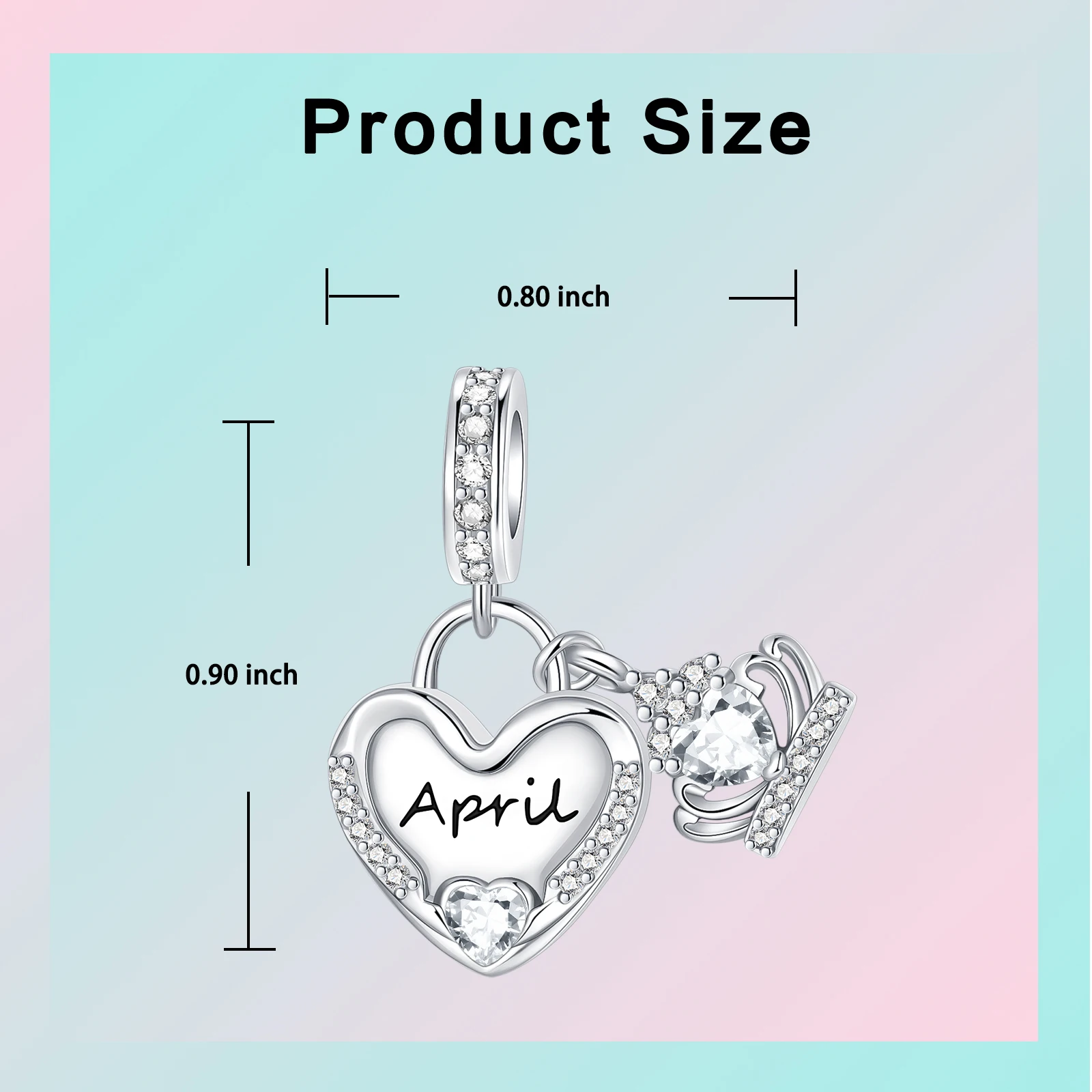 925 Sterling Silver April Birthstone Dangle Charm Clear CZ Color Heart Lock & Crown Pendant Fit Bracelets Jewelry for Women Gift