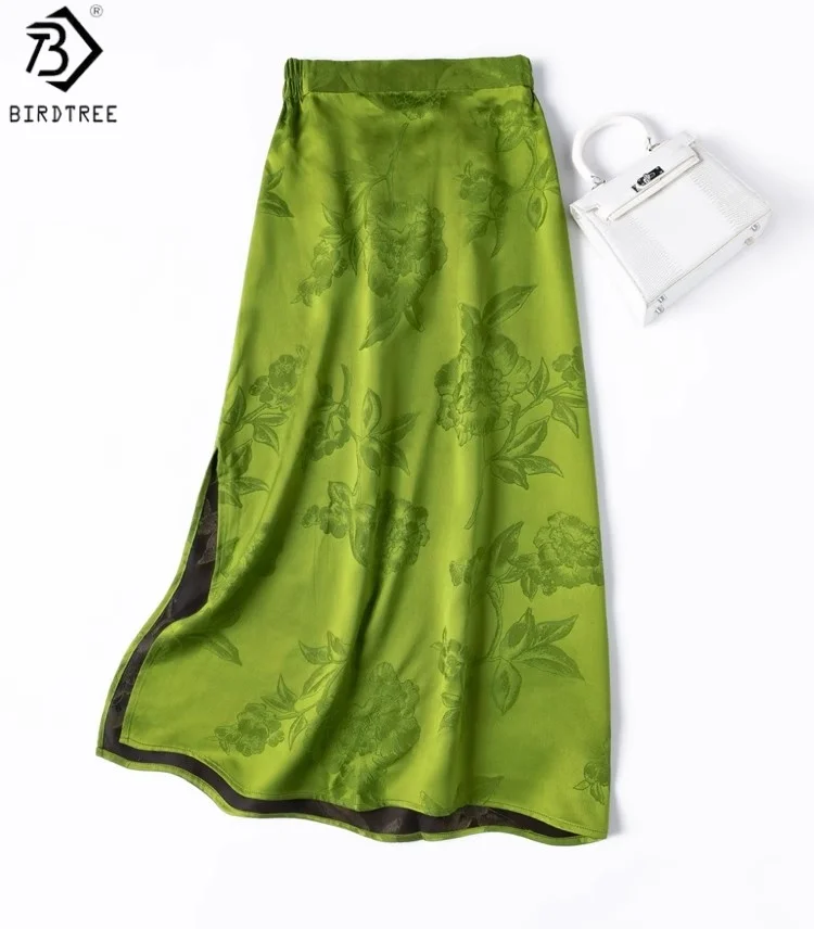 

Birdtree 100% шелковая зеленая юбка, женские жаккардовые прямые платья с эластичной резинкой на талии и боковым разрезом, новинка лета 2025 D57211JF