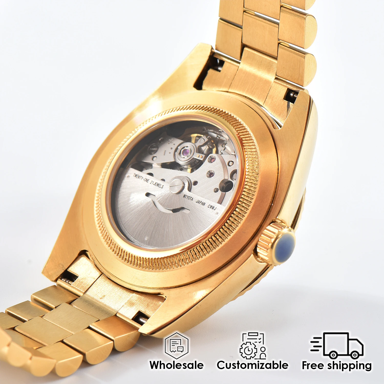 ساعة رجالية ذهبية 39 ملم مع حركة ميكانيكية أوتوماتيكية MIYOTA8285 وعرض التاريخ/اليوم، ساعة عمل فاخرة